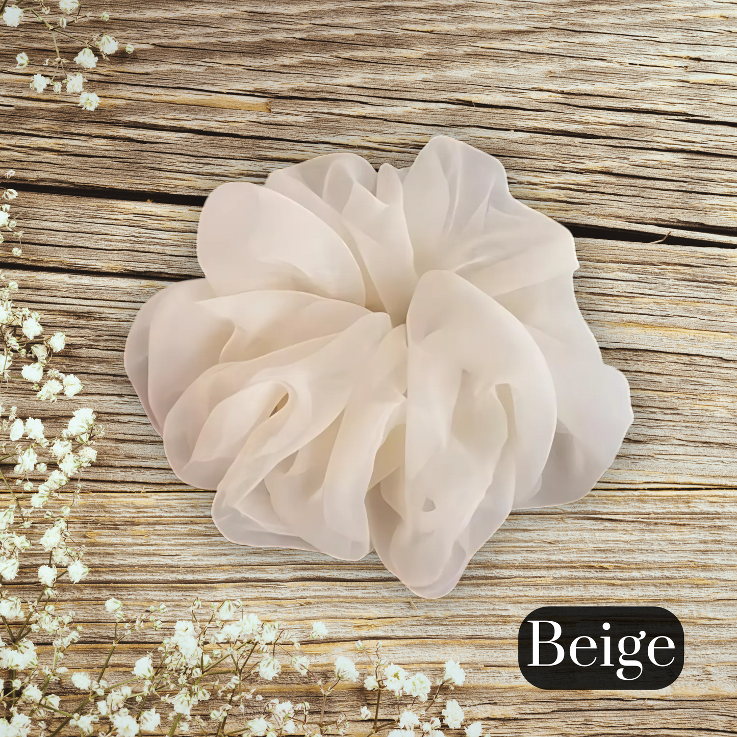 chiffon scrunchie in beige on a large wood table measuring 16 cm in diameter