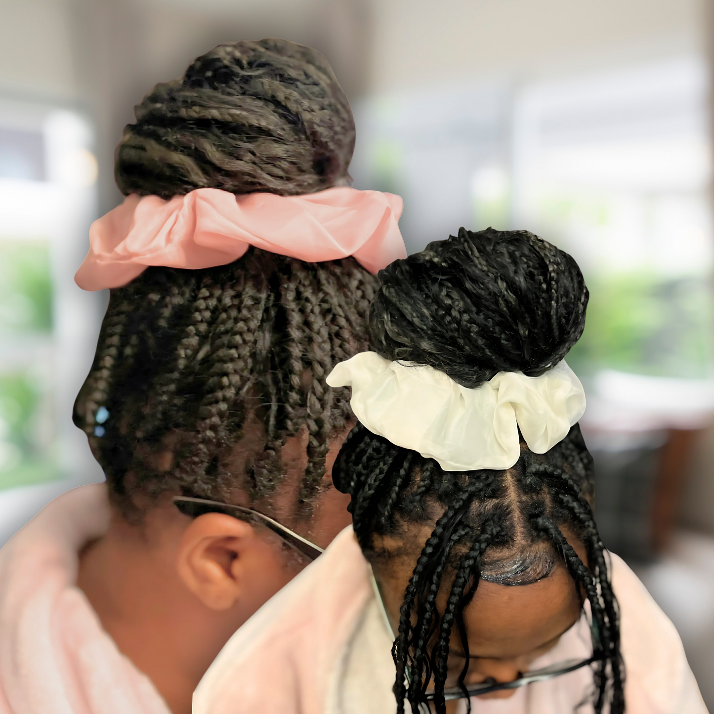 chiffon scrunchies in blush and beige displayed on an African American teen with box braids.