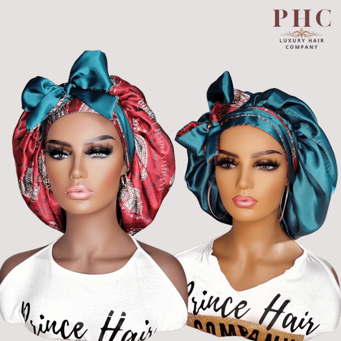 CLEARANCE - Red & Teal Ankara Print All Satin Reversible Bonnet - PHC