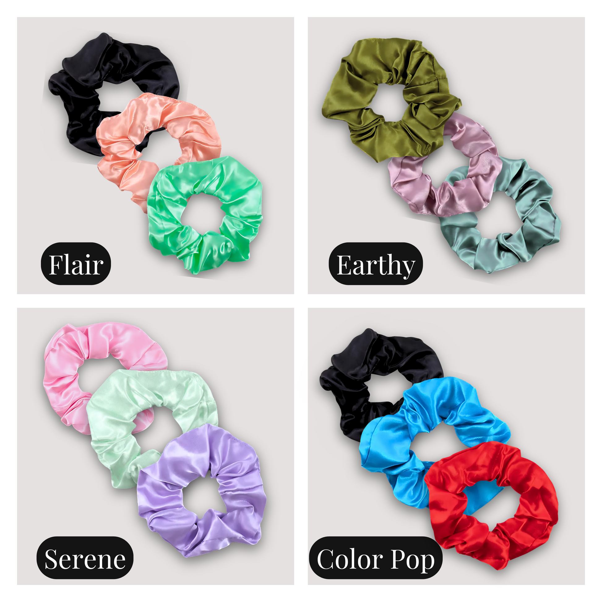 Handmade Satin Scrunchie 3 piece sets in Flair, Earthy, Serene and Color Pop. 