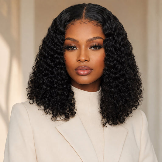 Black woman wearing Deanna Malaysian deep curly 4x4 closure wig