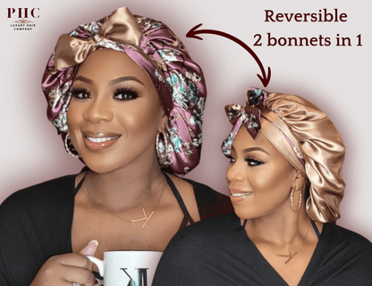 Deep Mauve Flower & Bronze All Satin Reversible Bonnet - PHC