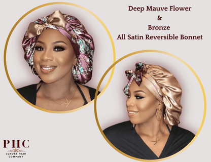 Deep Mauve Flower & Bronze All Satin Reversible Bonnet - PHC