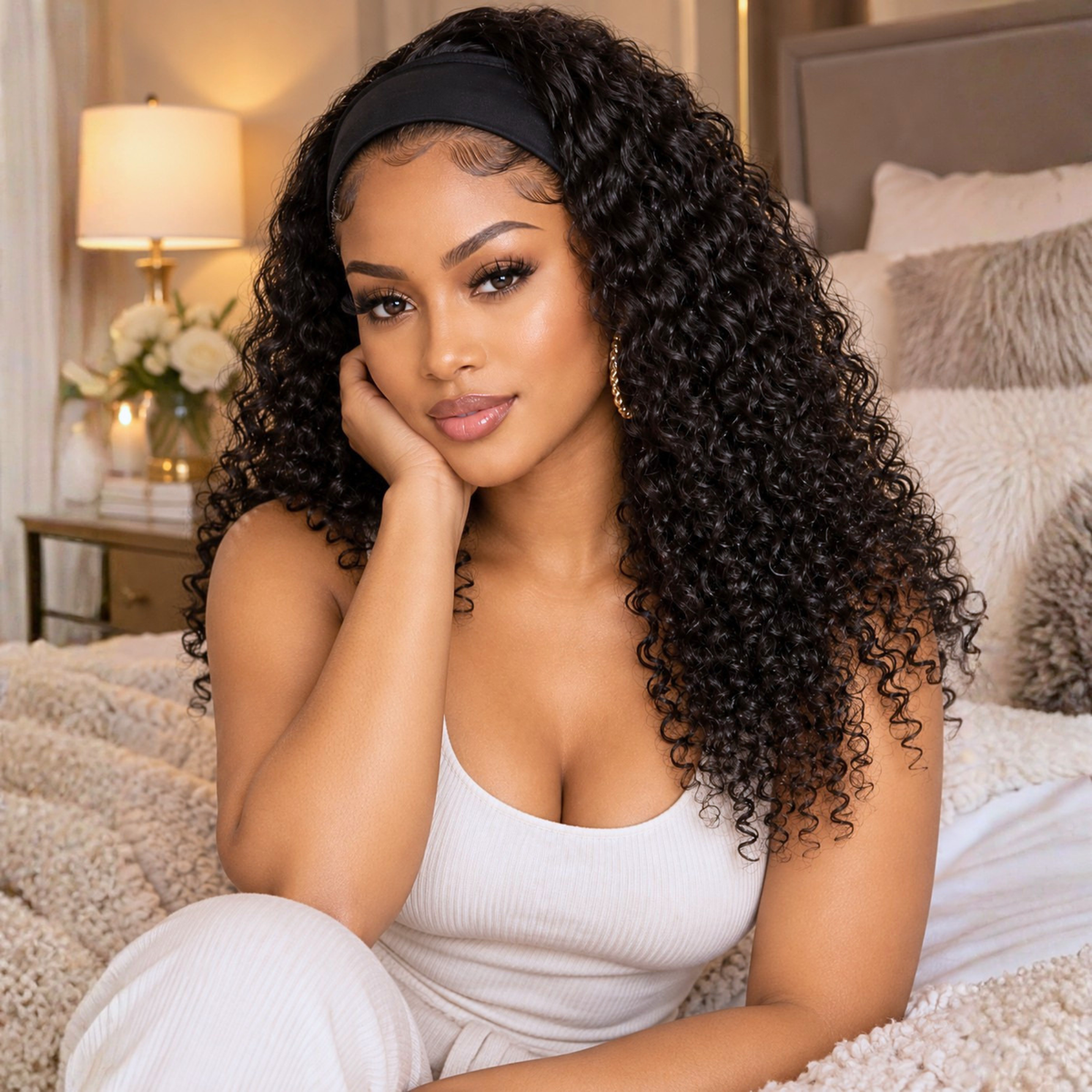 A woman with long, dark, curly hair sits on a bed wearing a black headband and a white ribbed tank top. The background shows a cozy bedroom setting with a lamp, flowers, and textured bedding.