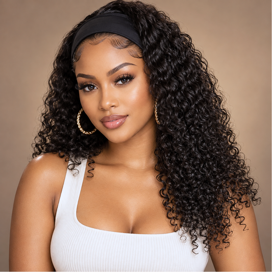 A woman modeling a black deep curly wig with a black headband, styled with gold hoop earrings and a white ribbed tank top against a solid beige background.