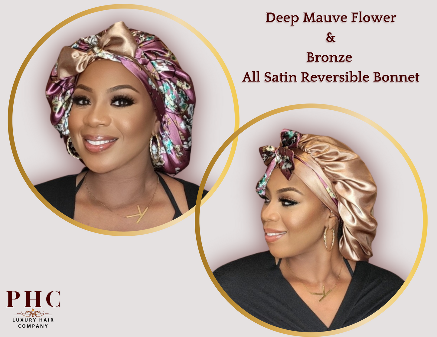 Deep Mauve Flower & Bronze All Satin Reversible Bonnet