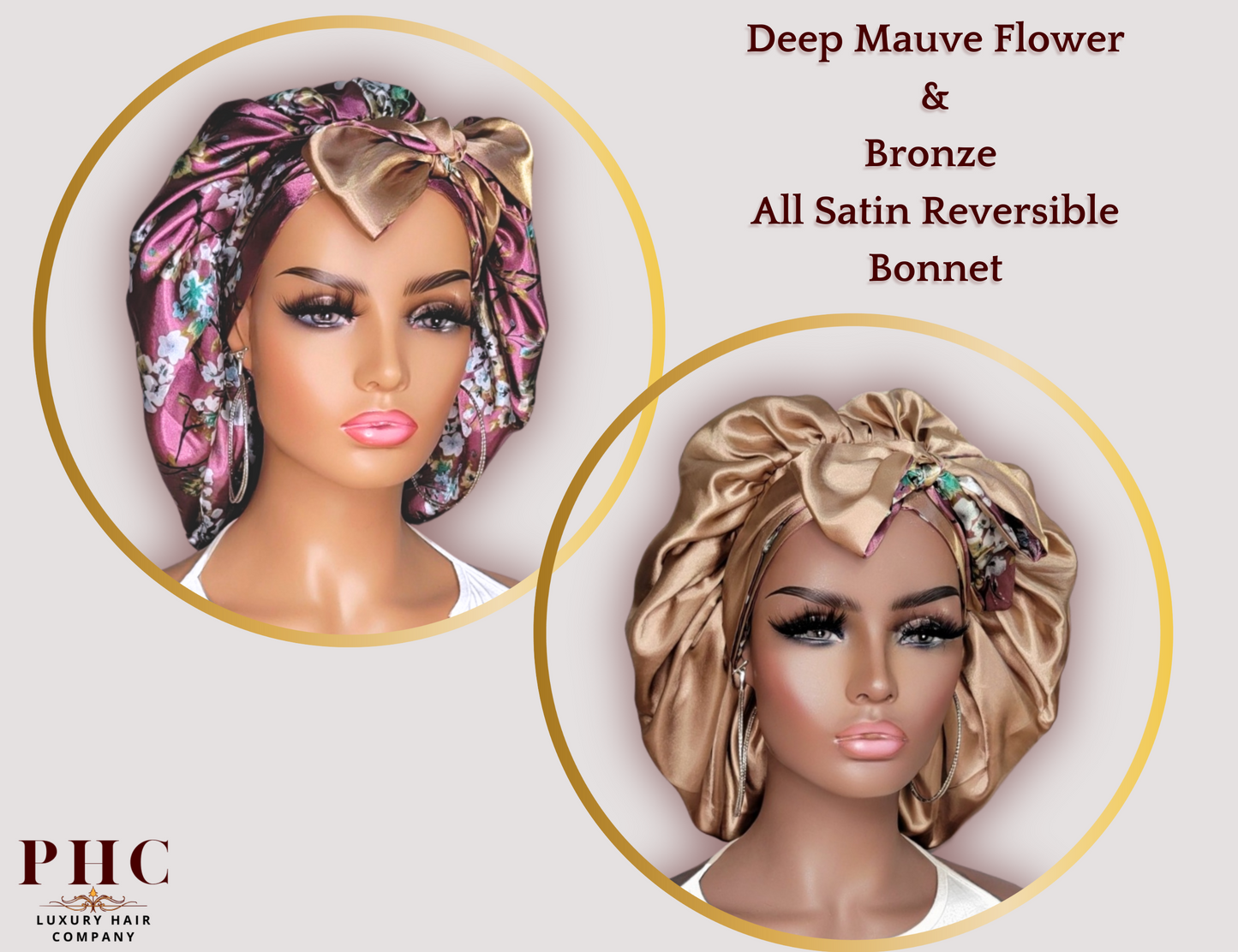 Deep Mauve Flower & Bronze All Satin Reversible Bonnet