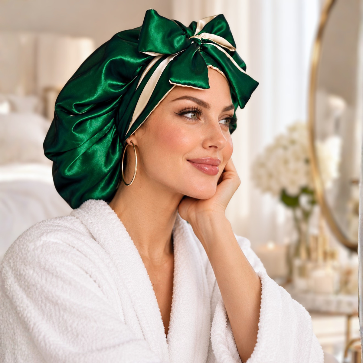 A woman wearing a plush white bathrobe and a shiny dark green satin hair wrap headscarf with cream stripes, posing in a bright, softly lit bedroom.