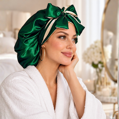 A woman wearing a plush white bathrobe and a shiny dark green satin hair wrap headscarf with cream stripes, posing in a bright, softly lit bedroom.