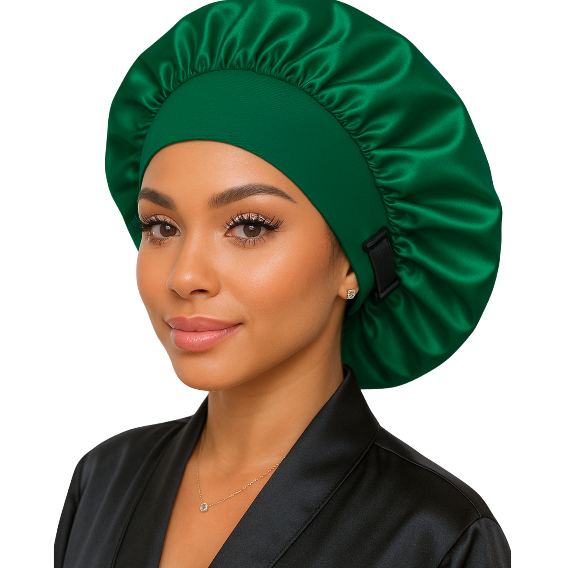 Woman wearing a green satin bonnet on a white background