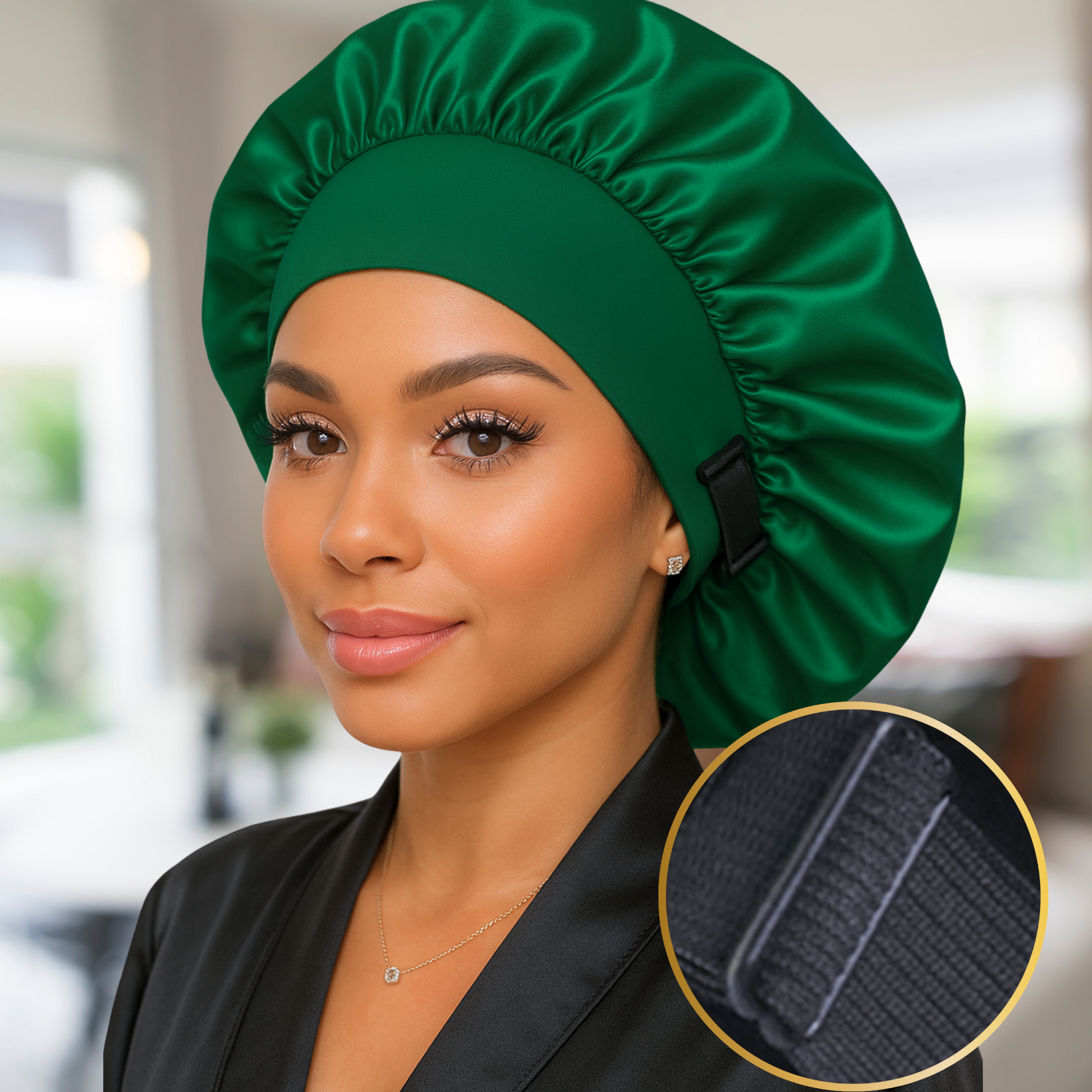 Woman wearing a green satin bonnet with a close-up of the fabric texture.
