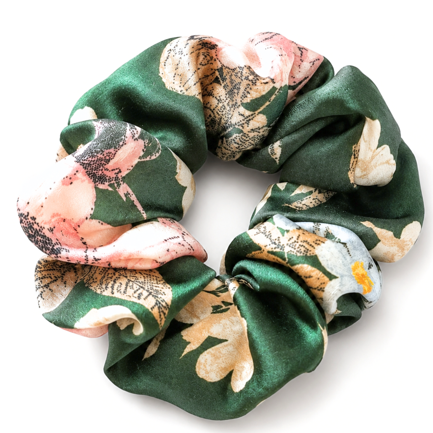 Evergreen Petals floral satin scrunchie