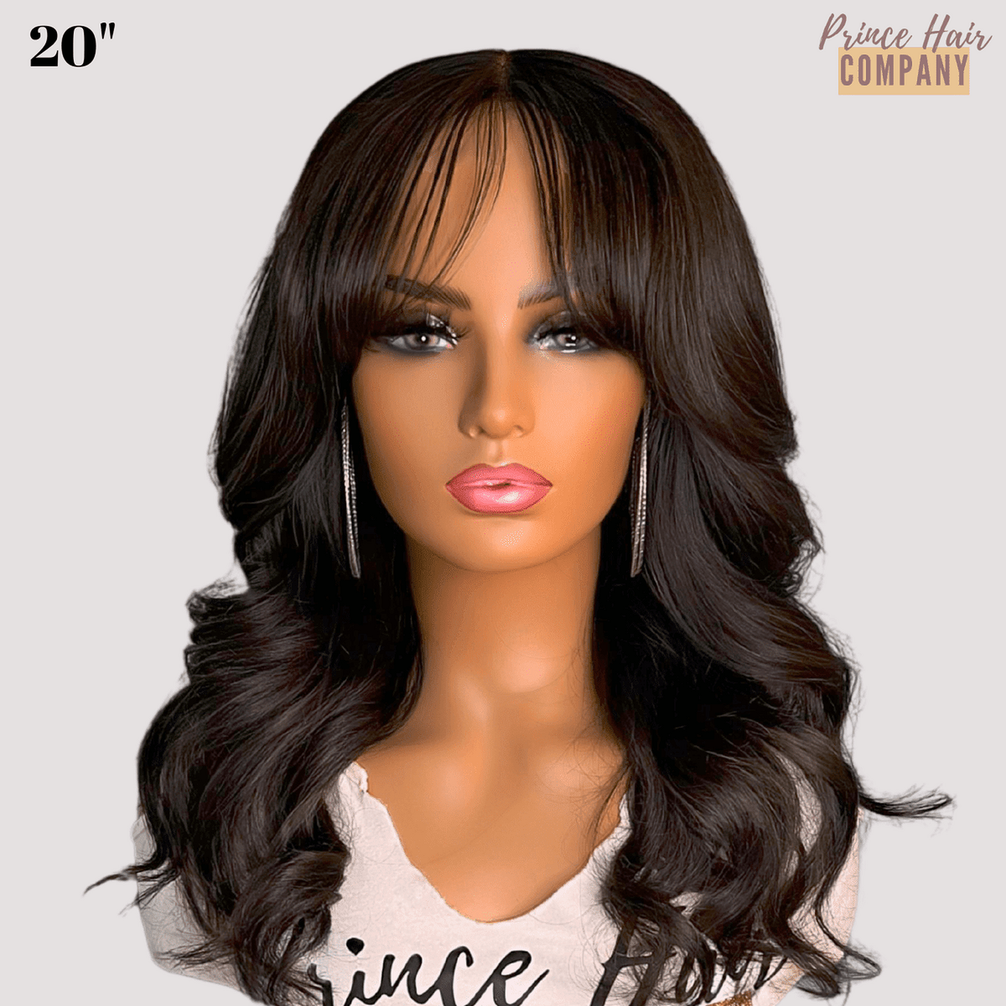 Farah 20 inch glueless Brazilian bang wig on original mannequin