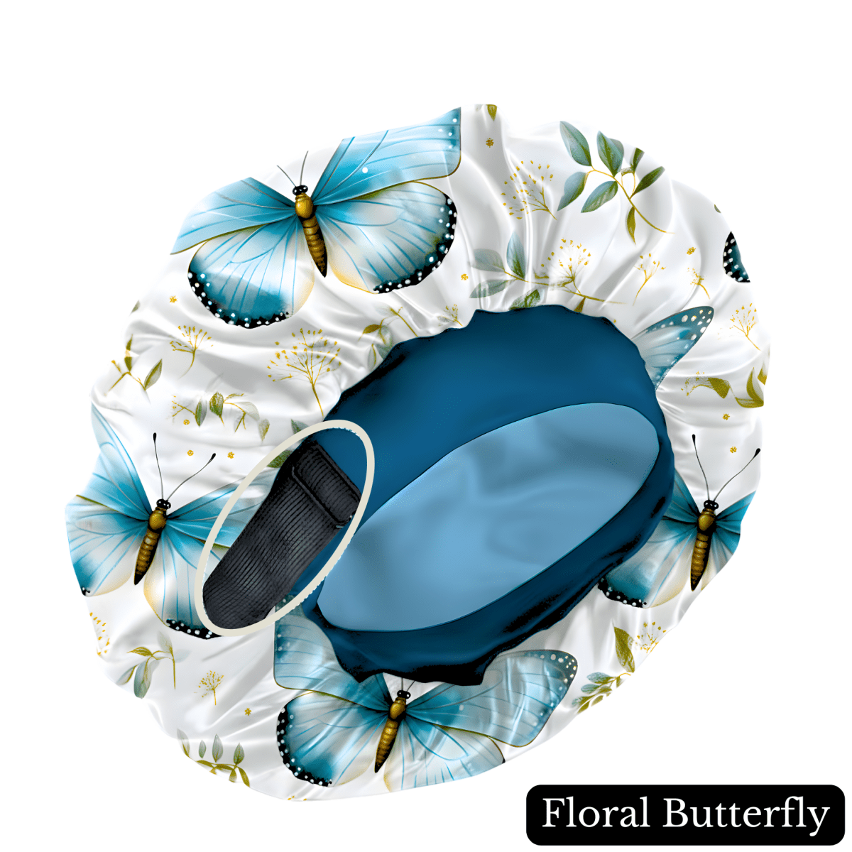 Floral Butterfly Print No Tie Wide Band Satin Sleep Bonnet - PHC
