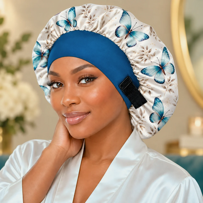 A woman wearing a satin sleep cap with a blue band and a white base printed with blue butterflies, paired with a white satin robe in a softly lit indoor setting.