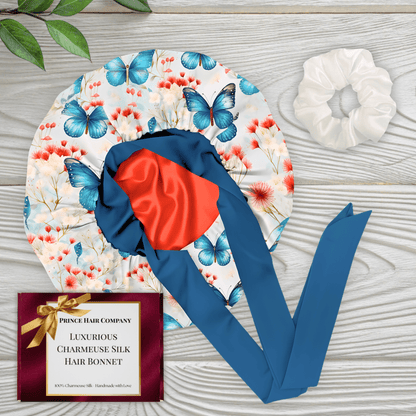 Gift Wrapped Silk Satin Sleep Bonnet & Scrunchie Set | Charmeuse Print | Adjustable Stretch Tie | Handmade in USA - PHC