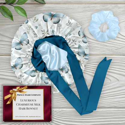 Gift Wrapped Silk Satin Sleep Bonnet & Scrunchie Set | Charmeuse Print | Adjustable Stretch Tie | Handmade in USA - PHC