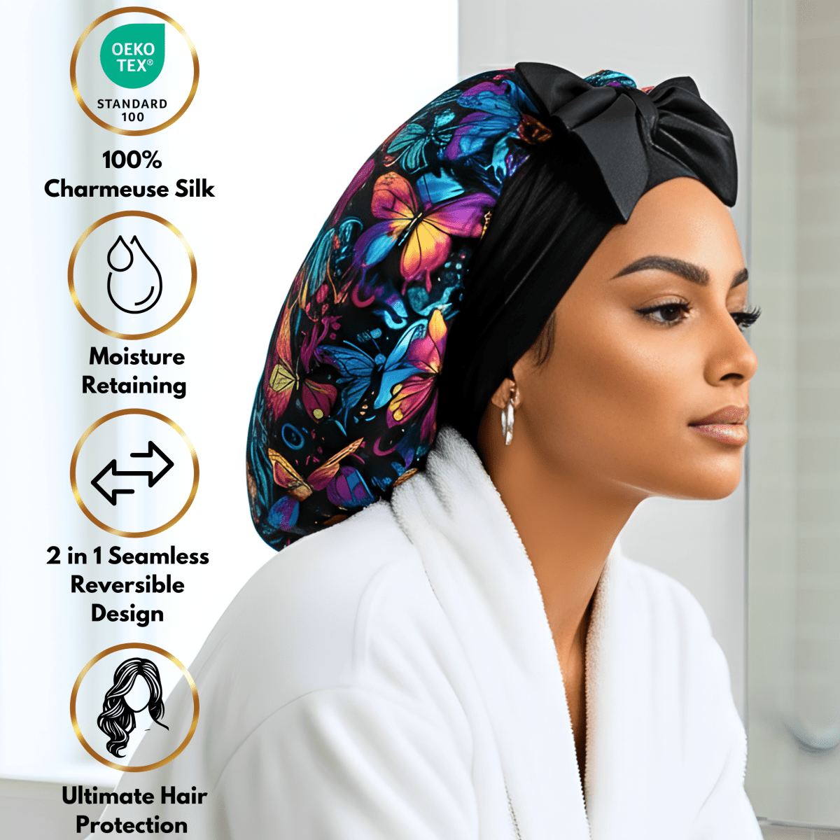 Gift Wrapped Silk Satin Sleep Bonnet & Scrunchie Set | Charmeuse Print | Adjustable Stretch Tie | Handmade in USA - PHC