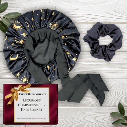 Gift Wrapped Silk Satin Sleep Bonnet & Scrunchie Set | Charmeuse Print | Adjustable Stretch Tie | Handmade in USA - PHC