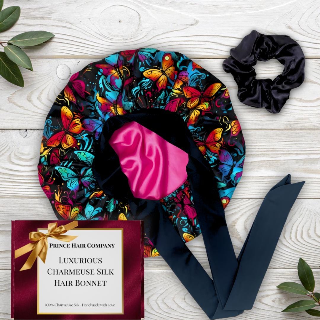 Gift Wrapped Silk Satin Sleep Bonnet Set | Graffiti Butterfly Print - PHC