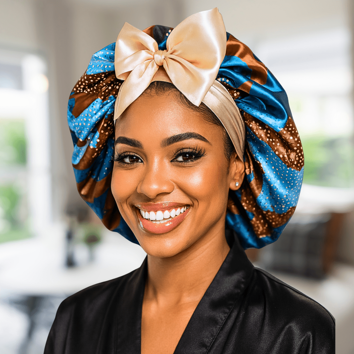 Gold and Brown Ankara Print All Satin Reversible Bonnet - PHC