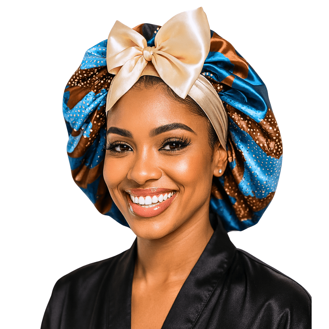 Gold and Brown Ankara Print All Satin Reversible Bonnet - PHC