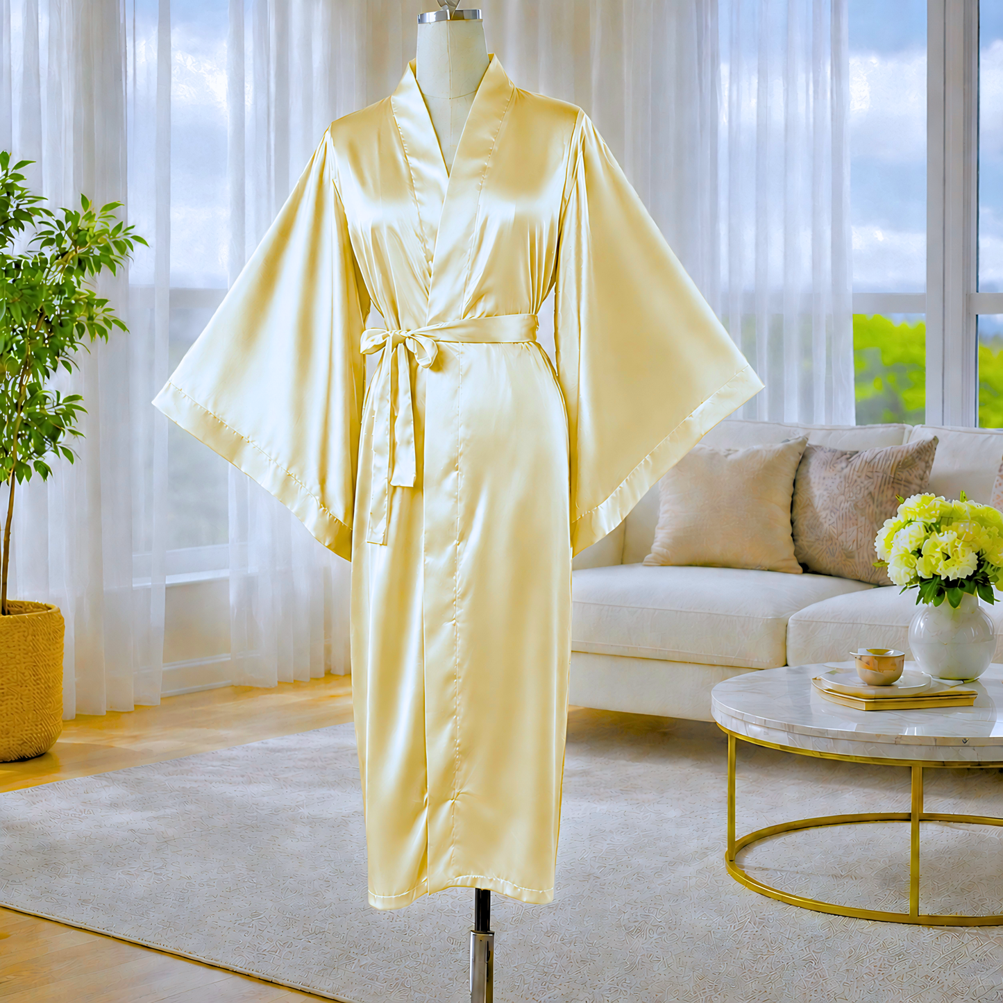 Satin Serenity Batwing Robe | Long Satin Kimono with Pockets