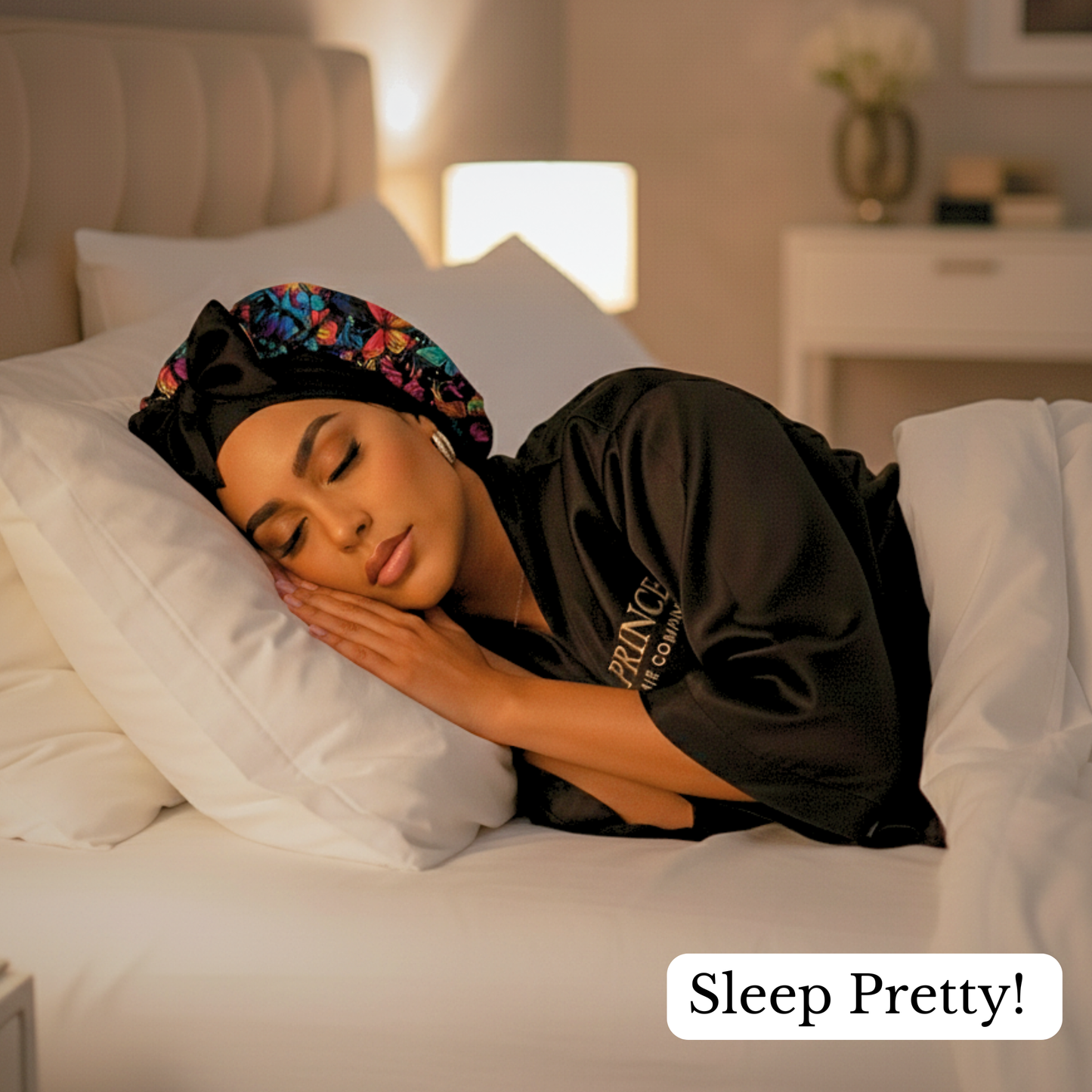 A woman sleeping peacefully on a crisp white bed while wearing a colorful butterfly print satin silk hair bonnet. The image includes the phrase “Sleep Pretty!” at the bottom, highlighting the bonnet’s luxurious charmeuse satin material designed to protect natural and curly hair from frizz and dryness. A soft, elegant visual representing Prince Hair Company’s handmade sleepwear collection.