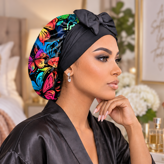 Graffiti Butterfly silk-blend satin bonnet with stretch ties, small size – side view of the colorful butterfly print and black bow