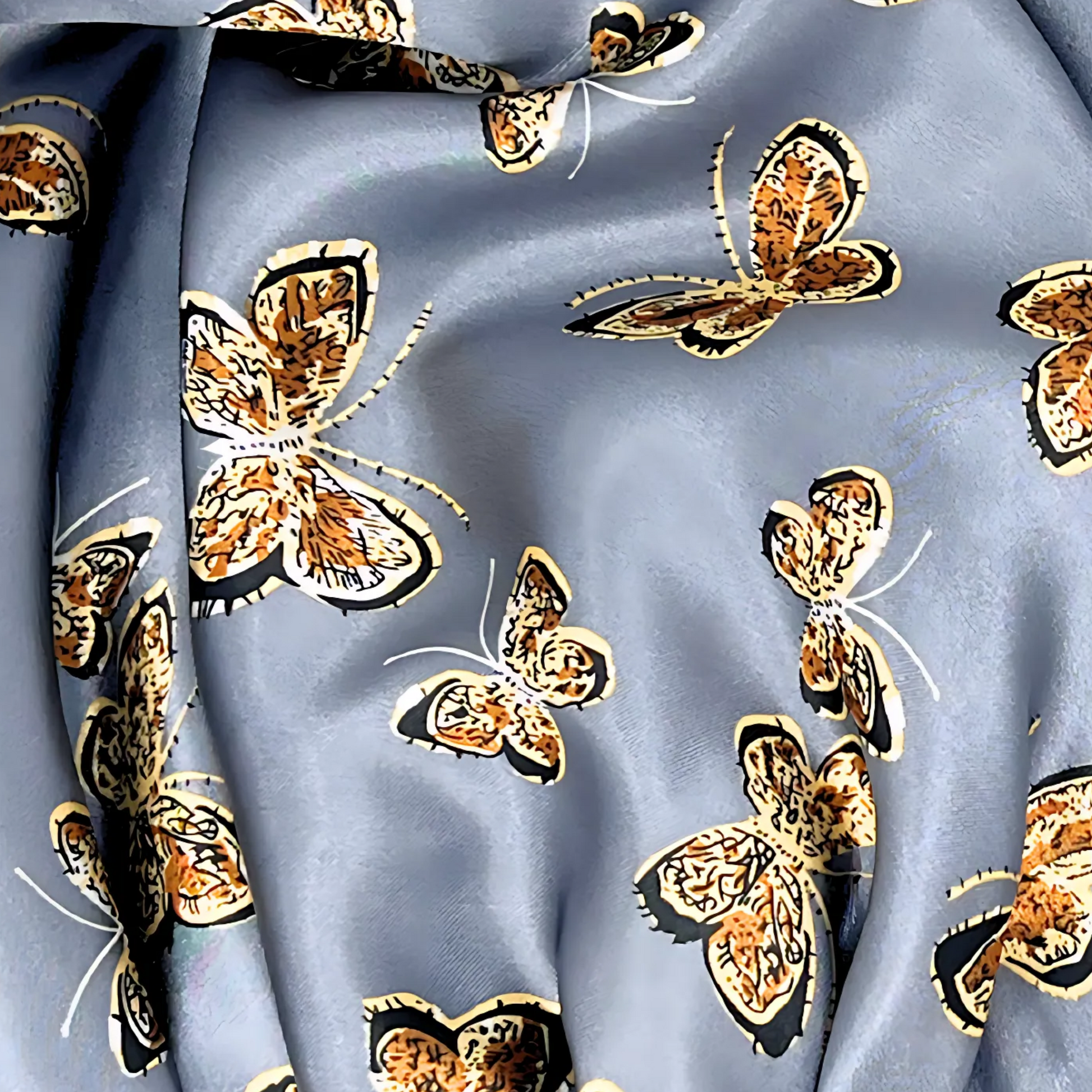 Close view of a beautiful stretch tie gray butterfly printed satin lined satin hair bonnet on a light wood background 