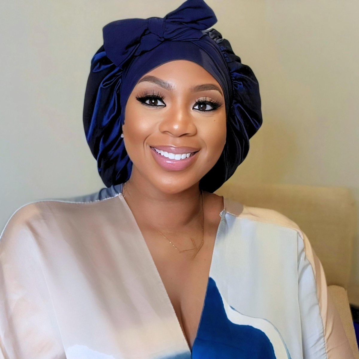 Handmade Navy Blue Satin Hair Bonnet: Adjustable Sleep Cap - PHC