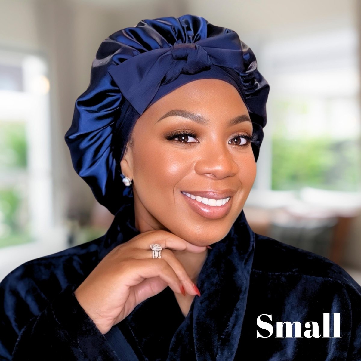 Handmade Navy Blue Satin Hair Bonnet: Adjustable Sleep Cap - PHC