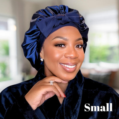 Handmade Navy Blue Satin Hair Bonnet: Adjustable Sleep Cap - PHC
