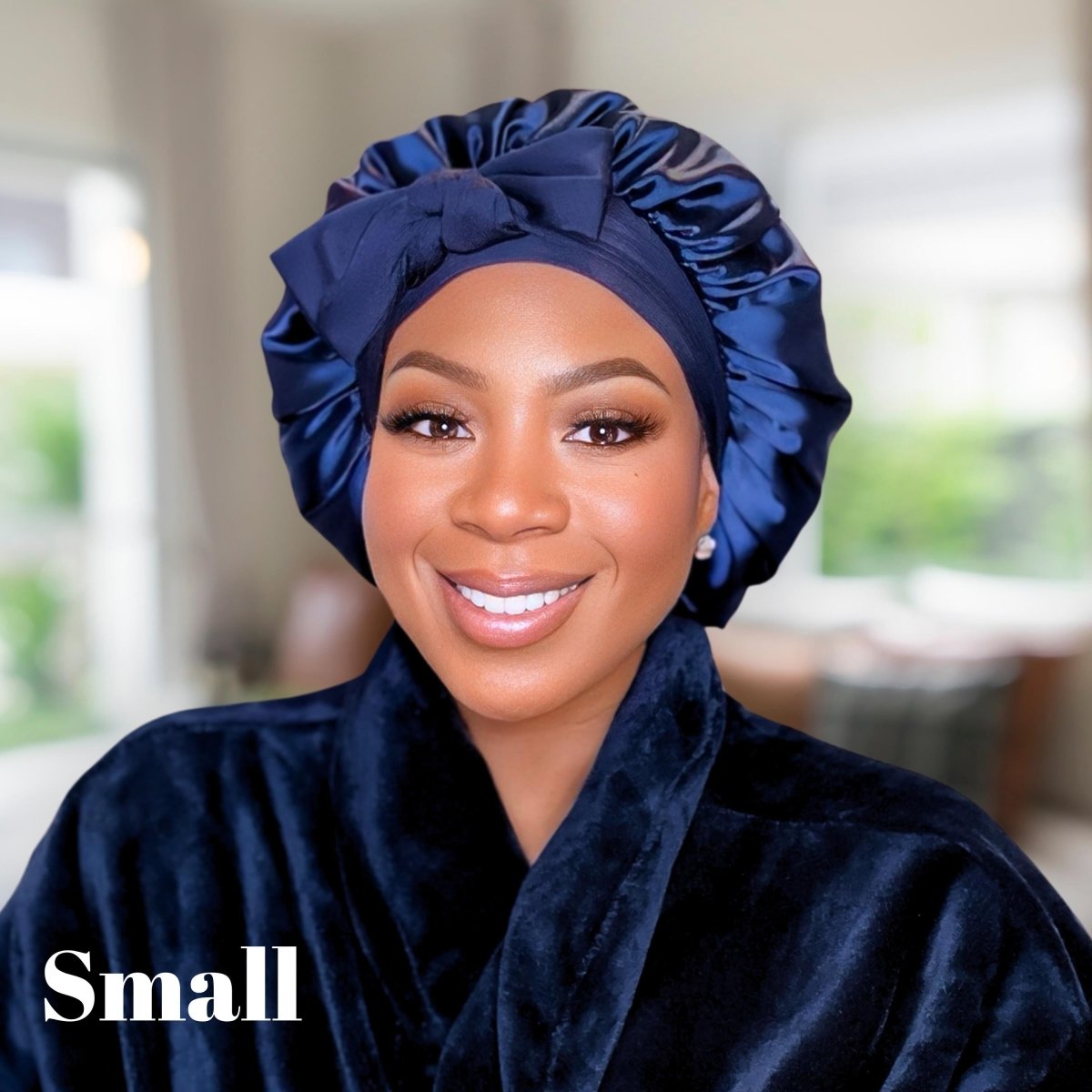 Handmade Navy Blue Satin Hair Bonnet: Adjustable Sleep Cap - PHC