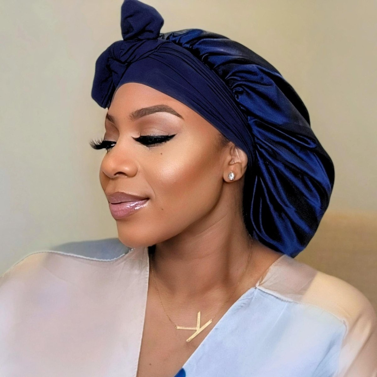 Handmade Navy Blue Satin Hair Bonnet: Adjustable Sleep Cap - PHC