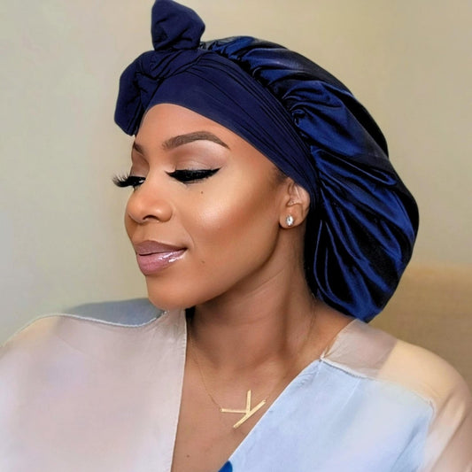 Handmade Navy Blue Satin Hair Bonnet: Adjustable Sleep Cap - PHC