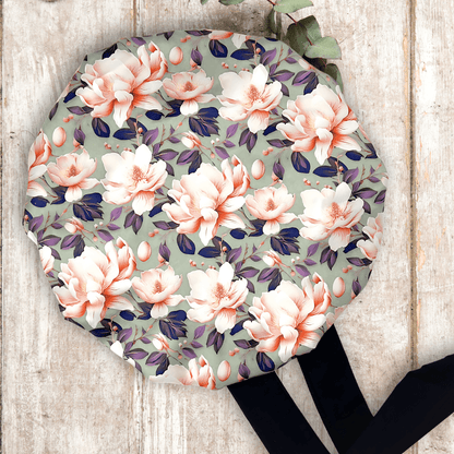 Handmade Satin Lined Hair Bonnet with Adjustable Stretch Ties for All Hair Types | Olive Green Magnolias Print - PHC
