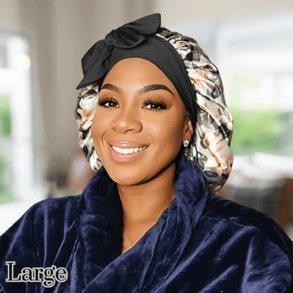 Handmade Satin Lined Hair Bonnet with Adjustable Stretch Ties for All Hair Types | Olive Green Magnolias Print - PHC