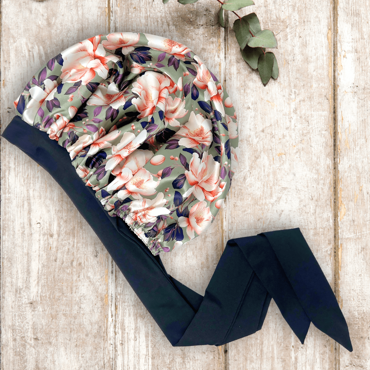 Handmade Satin Lined Hair Bonnet with Adjustable Stretch Ties for All Hair Types | Olive Green Magnolias Print - PHC