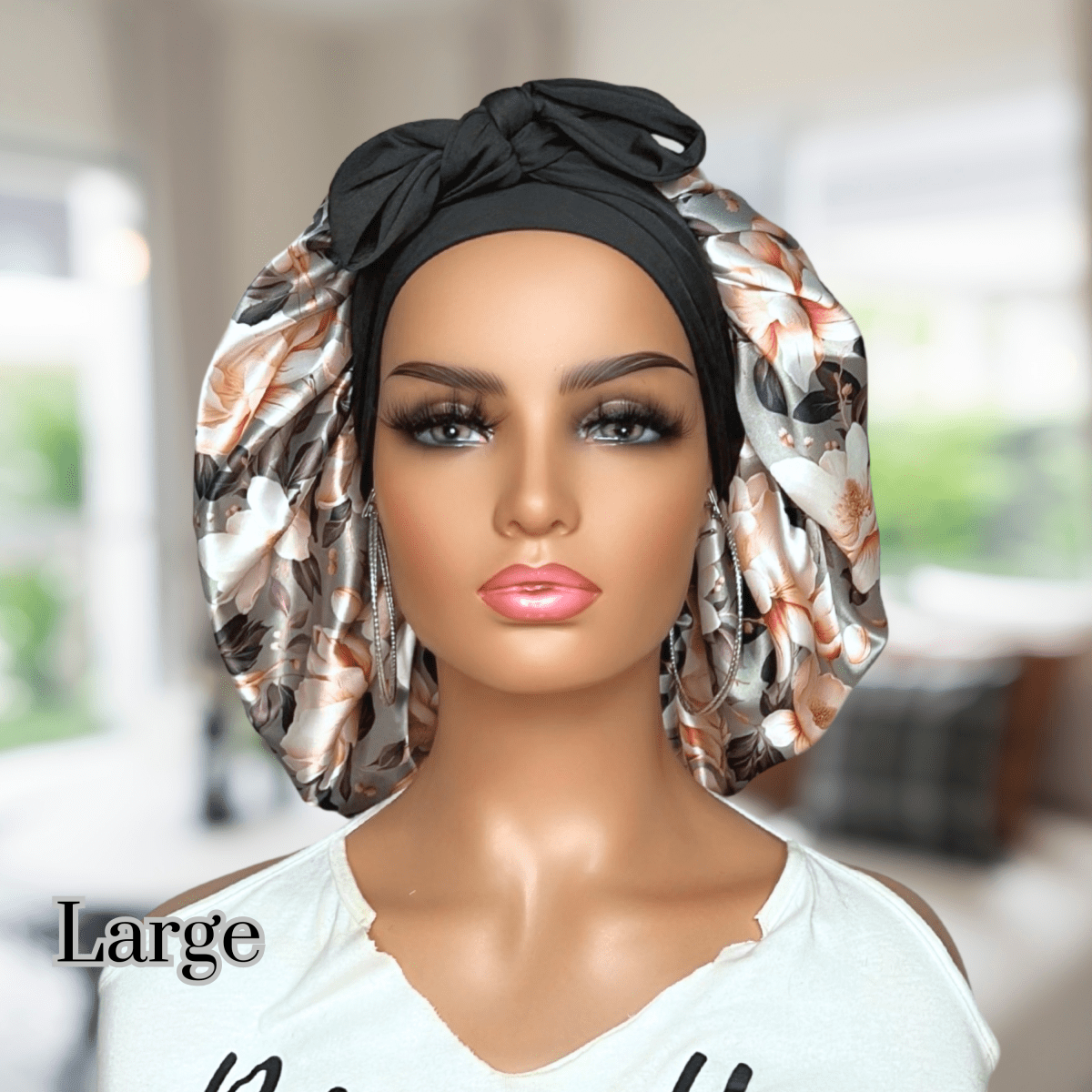 Handmade Satin Lined Hair Bonnet with Adjustable Stretch Ties for All Hair Types | Olive Green Magnolias Print - PHC