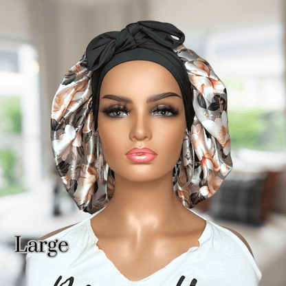 Handmade Satin Lined Hair Bonnet with Adjustable Stretch Ties for All Hair Types | Olive Green Magnolias Print - PHC