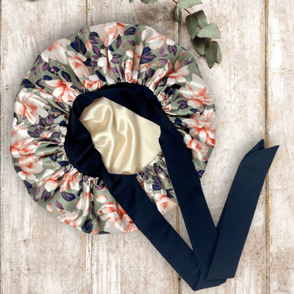 Handmade Satin Lined Hair Bonnet with Adjustable Stretch Ties for All Hair Types | Olive Green Magnolias Print - PHC