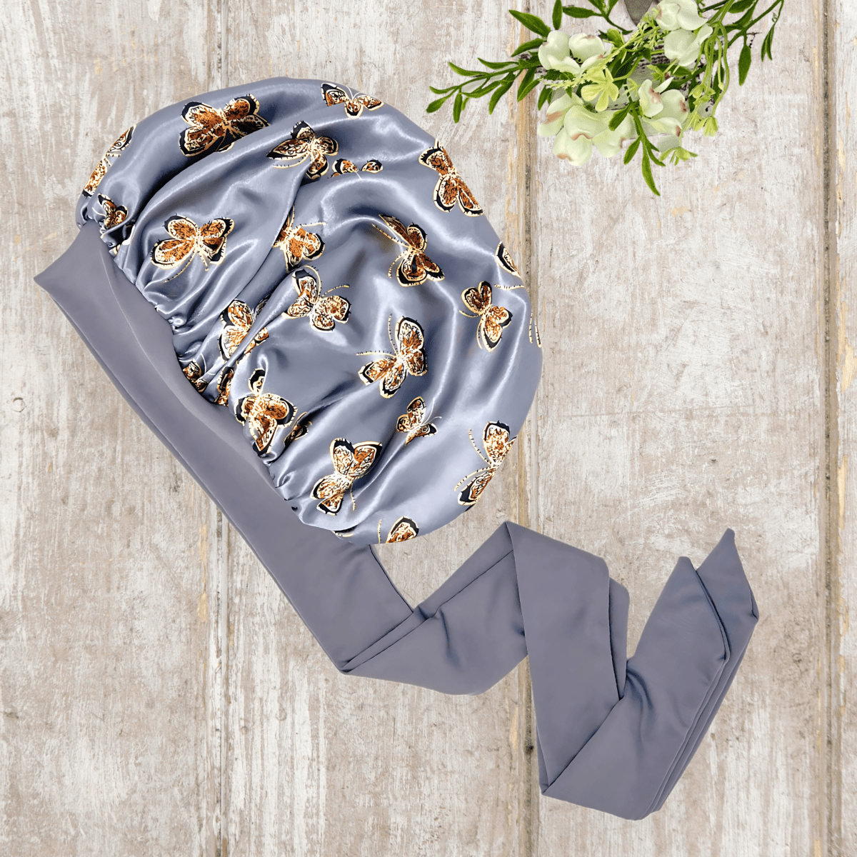 Handmade Satin - Lined Stretch Tie Satin Bonnet in the Color Gray Butterflies - Satin Hair Protection for All Hair Types and Textures - PHC