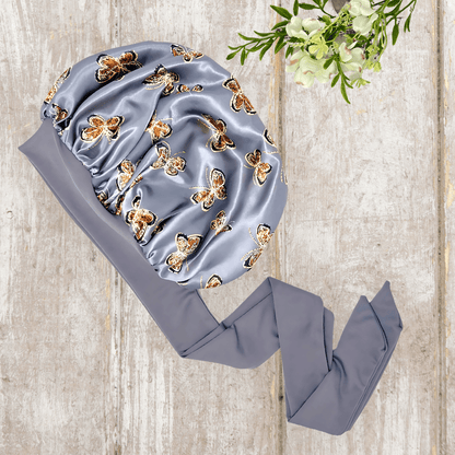 Handmade Satin - Lined Stretch Tie Satin Bonnet in the Color Gray Butterflies - Satin Hair Protection for All Hair Types and Textures - PHC