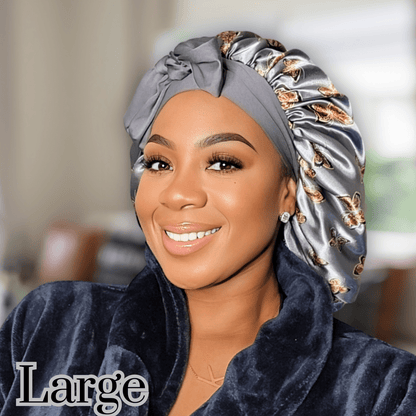 Handmade Satin - Lined Stretch Tie Satin Bonnet in the Color Gray Butterflies - Satin Hair Protection for All Hair Types and Textures - PHC