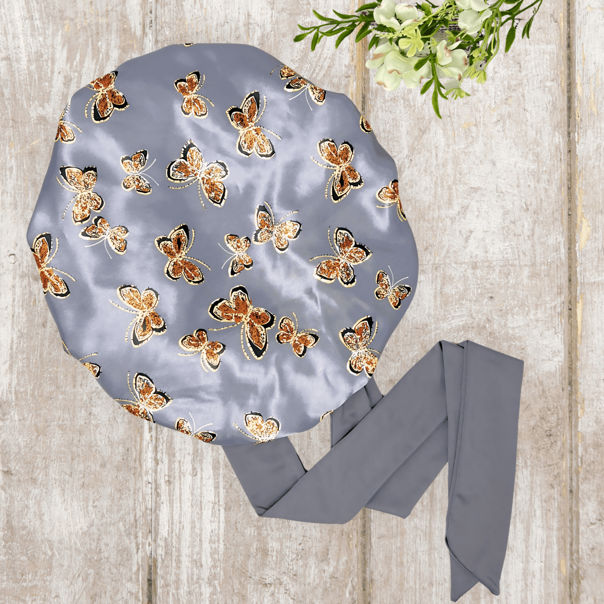 Handmade Satin - Lined Stretch Tie Satin Bonnet in the Color Gray Butterflies - Satin Hair Protection for All Hair Types and Textures - PHC