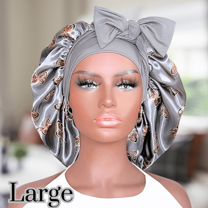 Handmade Satin - Lined Stretch Tie Satin Bonnet in the Color Gray Butterflies - Satin Hair Protection for All Hair Types and Textures - PHC