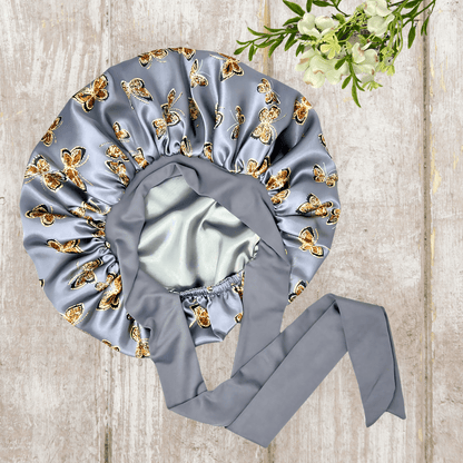 Handmade Satin - Lined Stretch Tie Satin Bonnet in the Color Gray Butterflies - Satin Hair Protection for All Hair Types and Textures - PHC