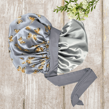 Handmade Satin - Lined Stretch Tie Satin Bonnet in the Color Gray Butterflies - Satin Hair Protection for All Hair Types and Textures - PHC