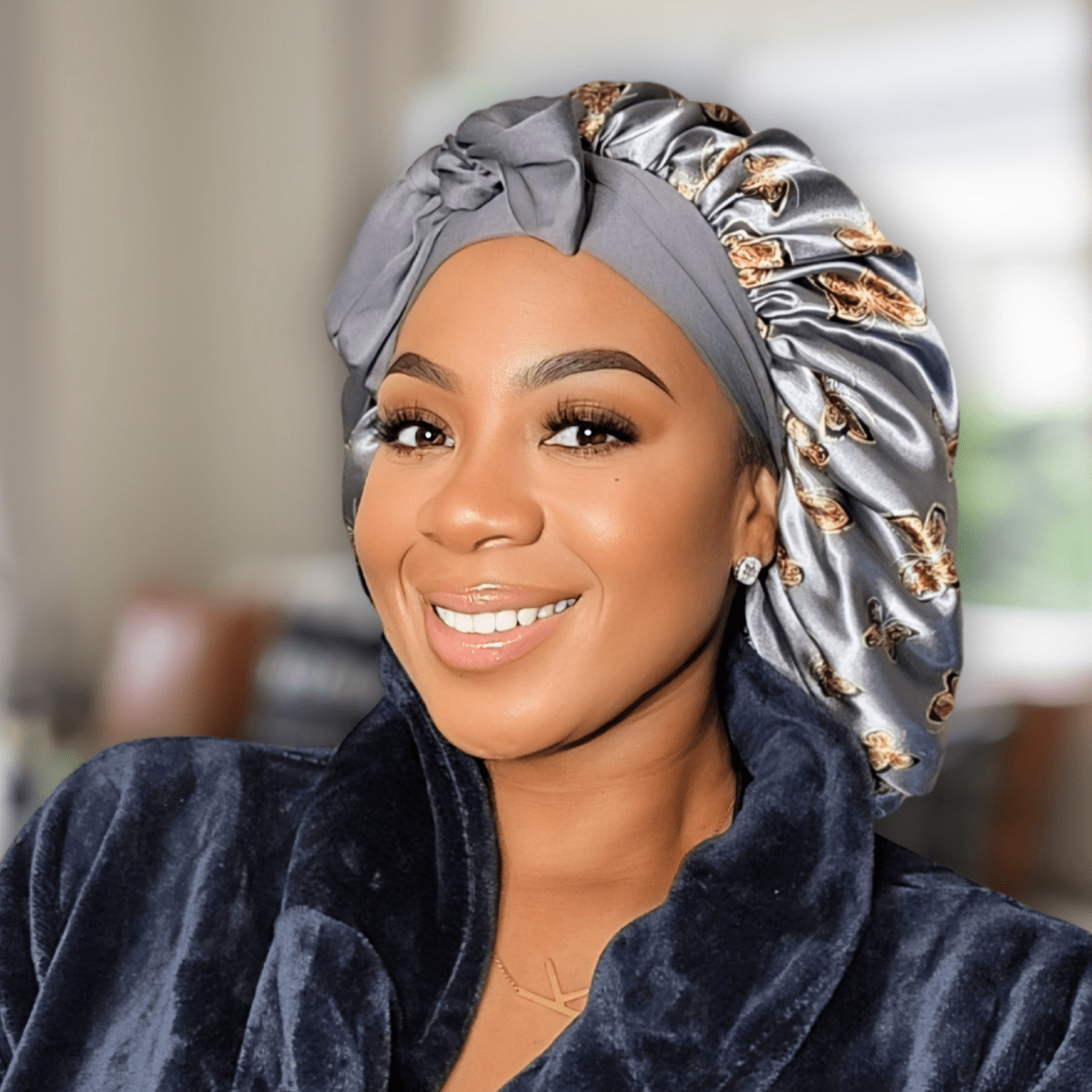 Handmade Satin - Lined Stretch Tie Satin Bonnet in the Color Gray Butterflies - Satin Hair Protection for All Hair Types and Textures - PHC